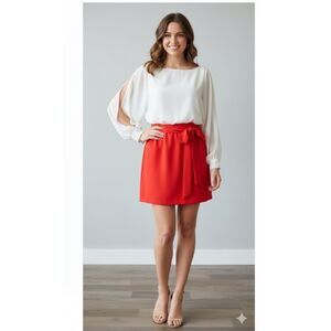 GRACIA Mini Dress Shear White Red Skirt Slit Sleeves Womens Size S